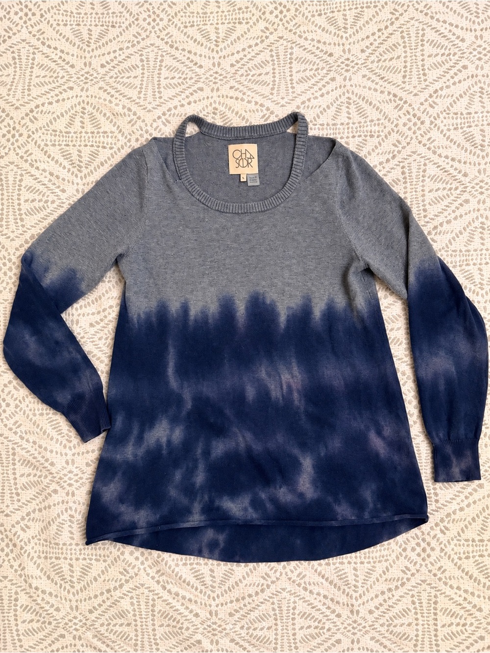 Chaser 100% Cotton Oversize Dip Dye Cutout Sweater Grey Navy Size S